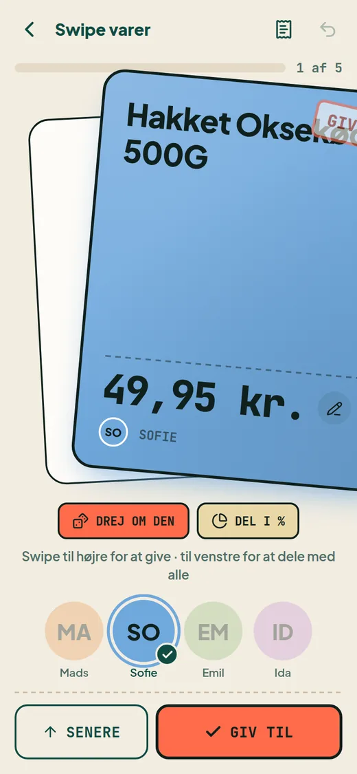 Et varekort, der swipes til højre for at give varen til Sofie