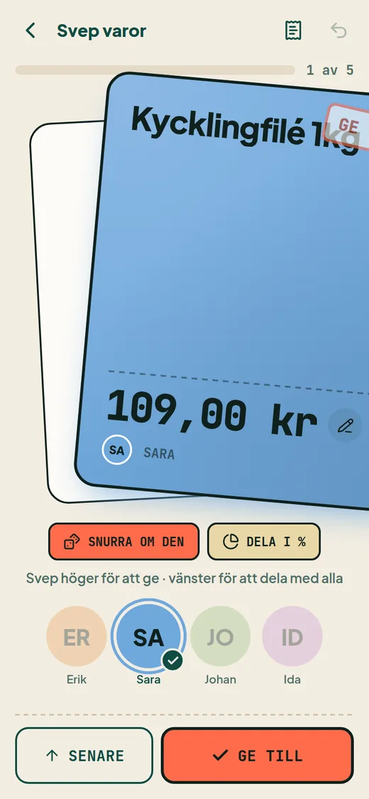 Ett varukort som sveps åt höger för att ge varan till Sara